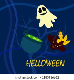 Halloween autumn fallen leaves cauldron witch bat spirit vector