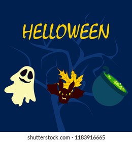 Halloween autumn fallen leaves cauldron witch bat spirit vector