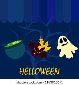 Halloween autumn fallen leaves cauldron witch bat spirit vector