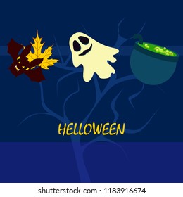 Halloween autumn fallen leaves cauldron witch bat spirit vector