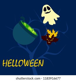 Halloween autumn fallen leaves cauldron witch bat spirit vector