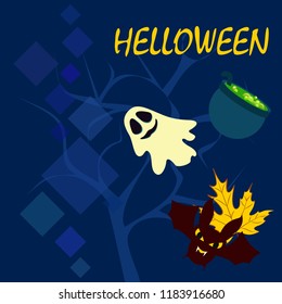 Halloween autumn fallen leaves cauldron witch bat spirit vector
