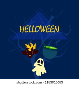 Halloween autumn fallen leaves cauldron witch bat spirit vector