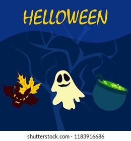 Halloween autumn fallen leaves cauldron witch bat spirit vector