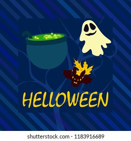 Halloween autumn fallen leaves cauldron witch bat spirit vector