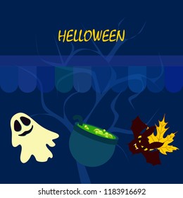 Halloween autumn fallen leaves cauldron witch bat spirit vector