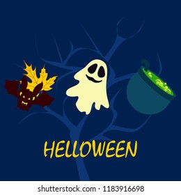 Halloween autumn fallen leaves cauldron witch bat spirit vector