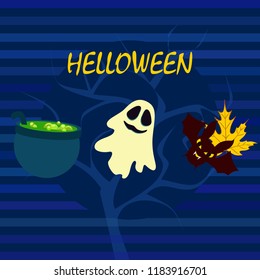 Halloween autumn fallen leaves cauldron witch bat spirit vector