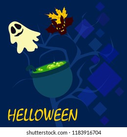 Halloween autumn fallen leaves cauldron witch bat spirit vector