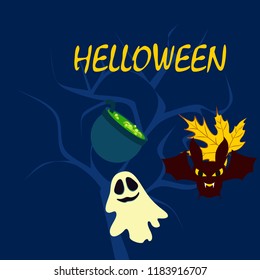 Halloween autumn fallen leaves cauldron witch bat spirit vector