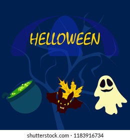 Halloween autumn fallen leaves cauldron witch bat spirit vector