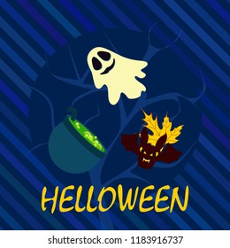 Halloween autumn fallen leaves cauldron witch bat spirit vector