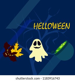 Halloween autumn fallen leaves cauldron witch bat spirit vector