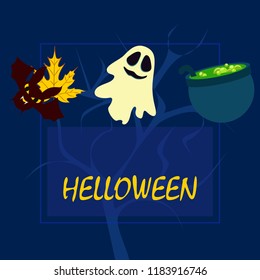 Halloween autumn fallen leaves cauldron witch bat spirit vector