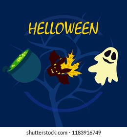 Halloween autumn fallen leaves cauldron witch bat spirit vector