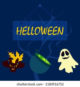 Halloween autumn fallen leaves cauldron witch bat spirit vector