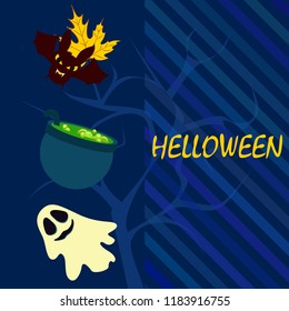 Halloween autumn fallen leaves cauldron witch bat spirit vector