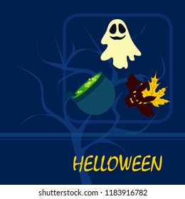 Halloween autumn fallen leaves cauldron witch bat spirit vector