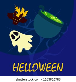 Halloween autumn fallen leaves cauldron witch bat spirit vector