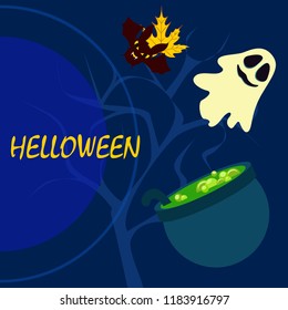 Halloween autumn fallen leaves cauldron witch bat spirit vector