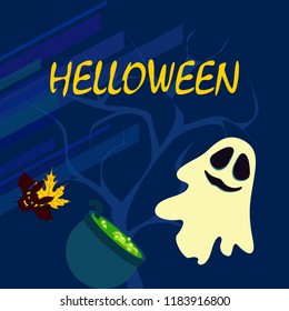 Halloween autumn fallen leaves cauldron witch bat spirit vector
