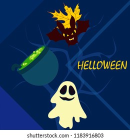 Halloween autumn fallen leaves cauldron witch bat spirit vector
