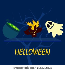 Halloween autumn fallen leaves cauldron witch bat spirit vector