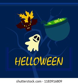 Halloween autumn fallen leaves cauldron witch bat spirit vector