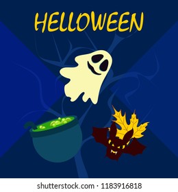 Halloween autumn fallen leaves cauldron witch bat spirit vector