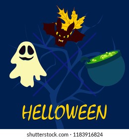 Halloween autumn fallen leaves cauldron witch bat spirit vector