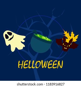 Halloween autumn fallen leaves cauldron witch bat spirit vector