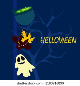 Halloween autumn fallen leaves cauldron witch bat spirit vector