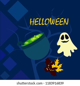 Halloween autumn fallen leaves cauldron witch bat spirit vector