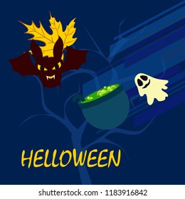 Halloween autumn fallen leaves cauldron witch bat spirit vector