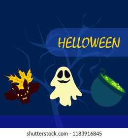 Halloween autumn fallen leaves cauldron witch bat spirit vector