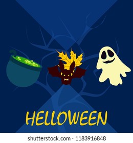 Halloween autumn fallen leaves cauldron witch bat spirit vector