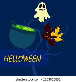 Halloween autumn fallen leaves cauldron witch bat spirit vector