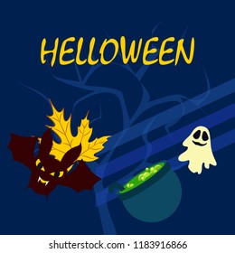 Halloween autumn fallen leaves cauldron witch bat spirit vector