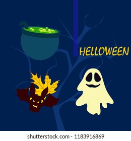 Halloween autumn fallen leaves cauldron witch bat spirit vector