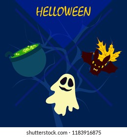 Halloween autumn fallen leaves cauldron witch bat spirit vector