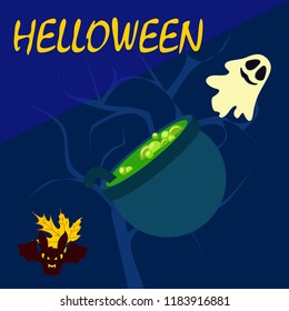 Halloween autumn fallen leaves cauldron witch bat spirit vector
