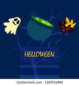 Halloween autumn fallen leaves cauldron witch bat spirit vector
