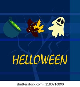 Halloween autumn fallen leaves cauldron witch bat spirit vector