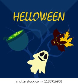 Halloween autumn fallen leaves cauldron witch bat spirit vector