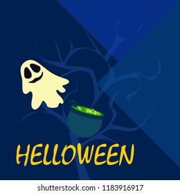 Halloween autumn fallen leaves cauldron witch bat spirit vector