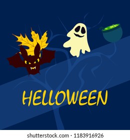 Halloween autumn fallen leaves cauldron witch bat spirit vector