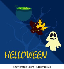 Halloween autumn fallen leaves cauldron witch bat spirit vector
