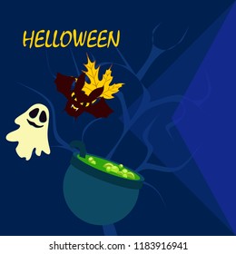 Halloween autumn fallen leaves cauldron witch bat spirit vector