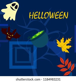 Halloween autumn fallen leaves cauldron witch bat spirit vector