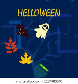 Halloween autumn fallen leaves cauldron witch bat spirit vector